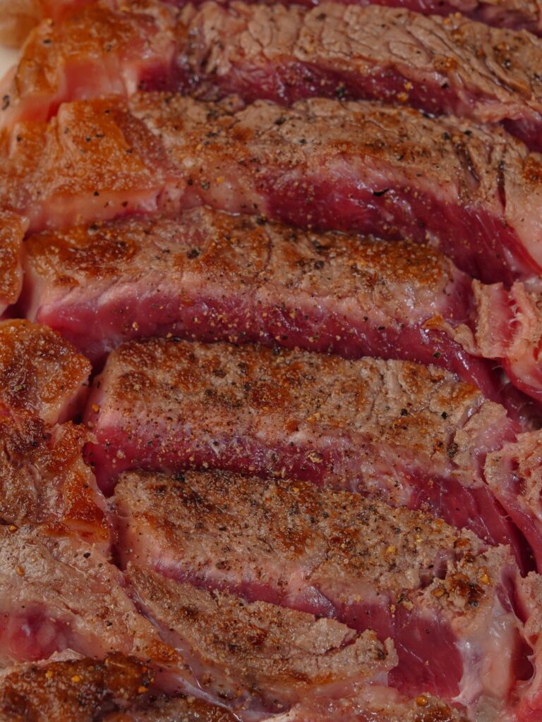 Sliced pan-seared hanger steak