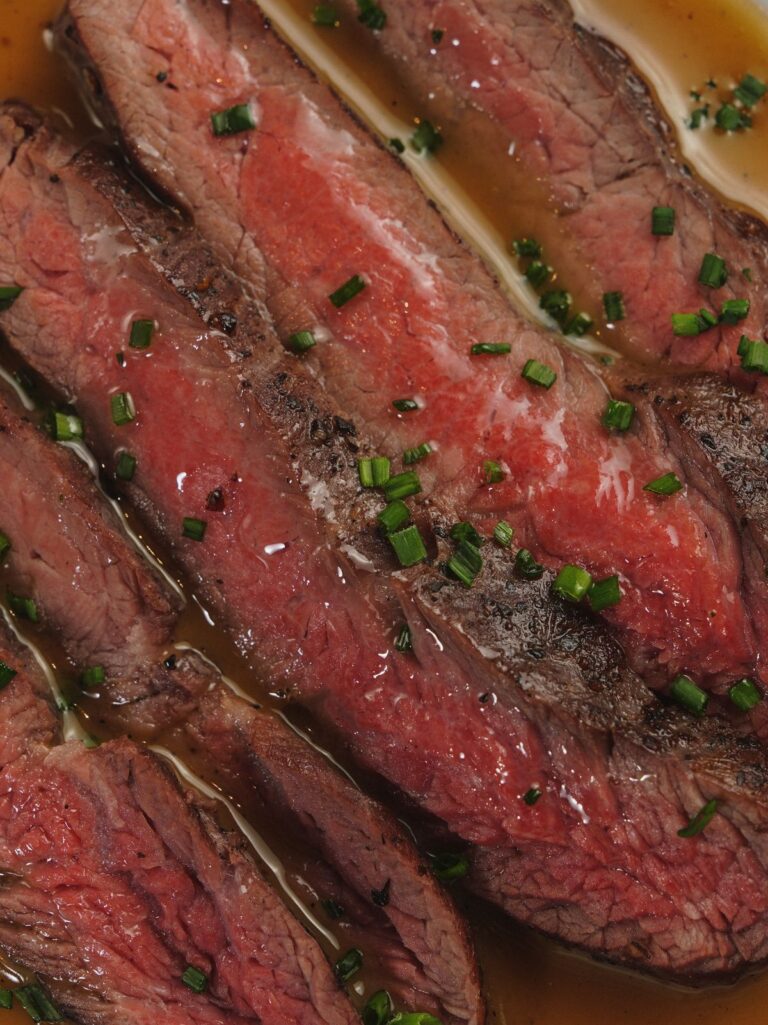 Juicy medium-rare sliced steak