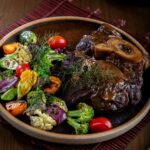 Braised veal osso buco with vegetables on a plate