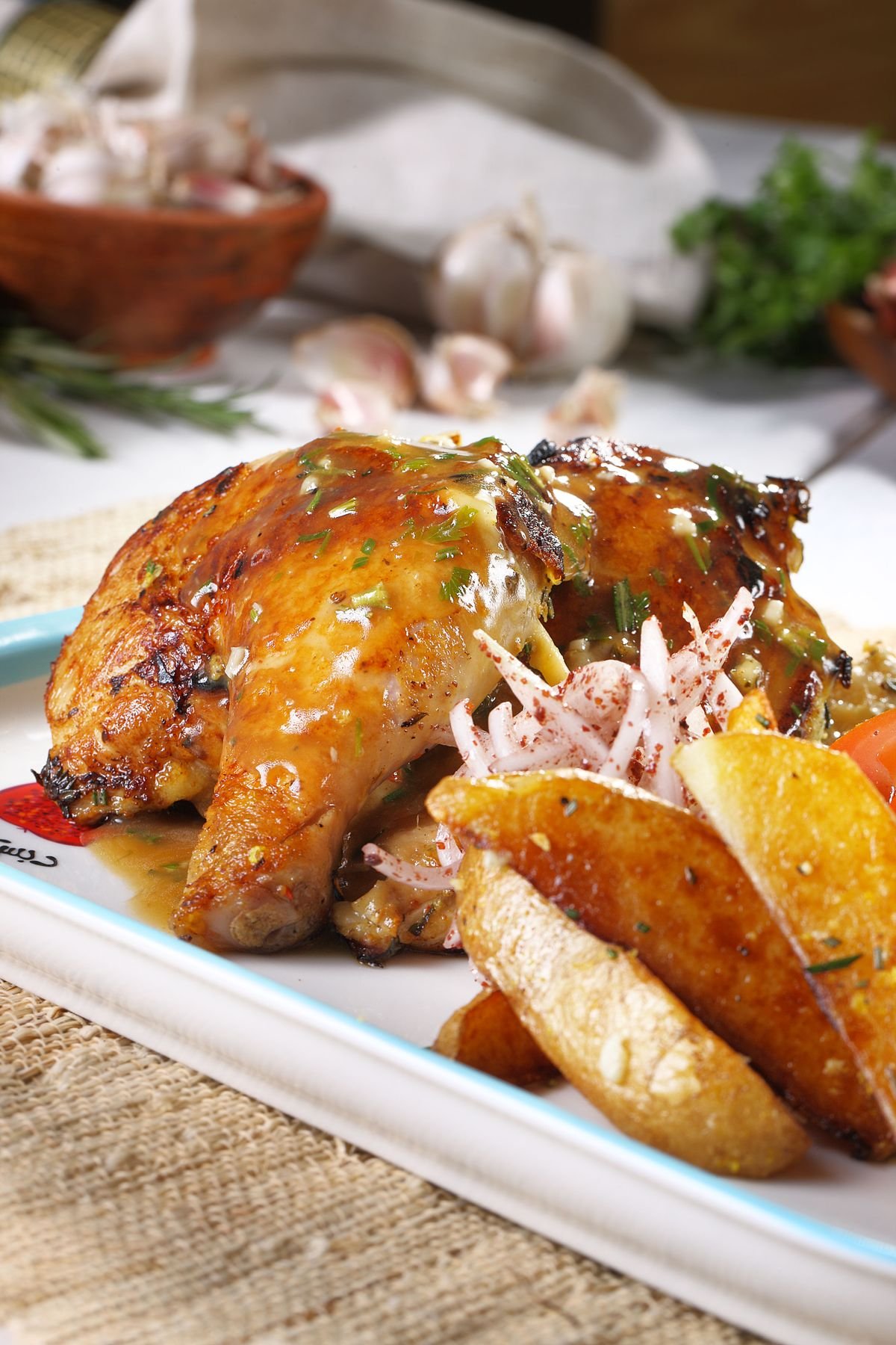 Crispy baked chicken thighs with roasted vegetables