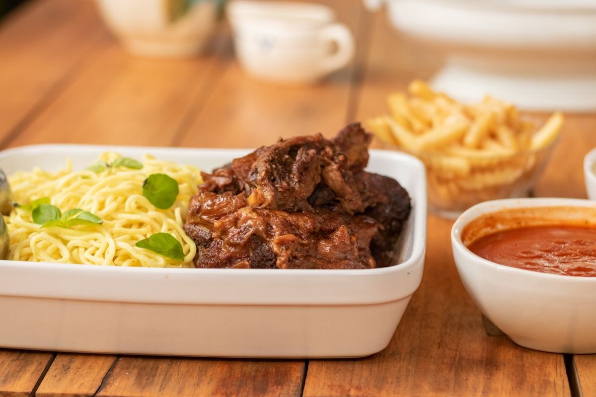 A cross-cut veal shank braised until tender on a plate