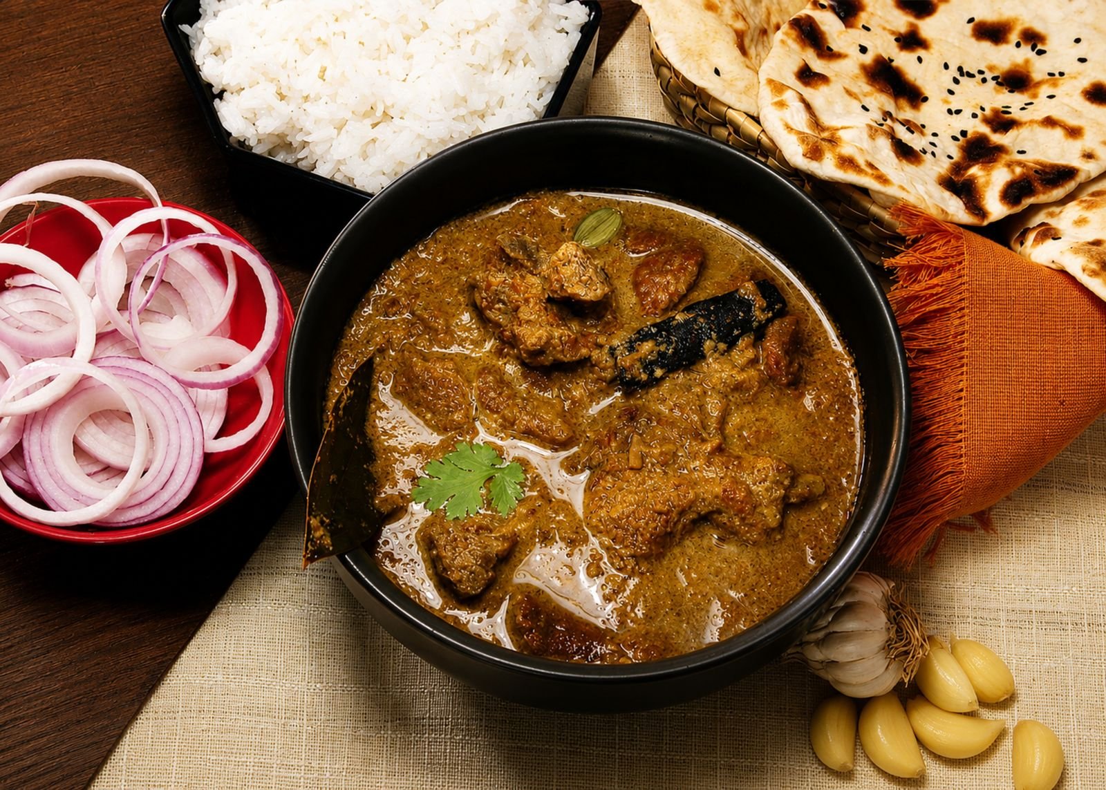 Deep red lamb rogan josh in a bowl with rice, naan and sliced onions