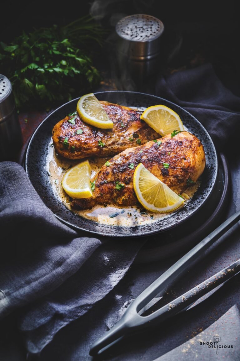 Chicken piccata cutlets in a pan with lemon slices and butter sauce